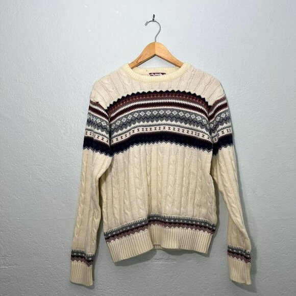 Cream fair isle crewneck knit ski sweater - Picture 1 of 3